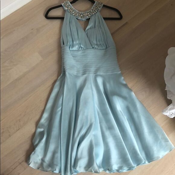 Silk & Beaded Halter Dress - Light Blue - Picture 1 of 8